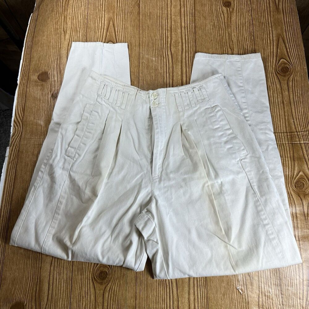 Vintage High Waist Pleated Pants Womens 11 Cream Cotton Tapered Minimalist